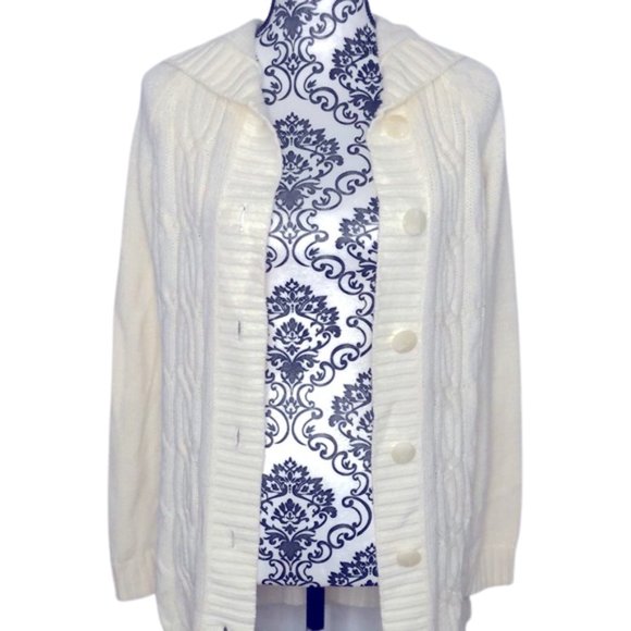 Cream Cable Knit Button Down Sweater With Hood - Picture 1 of 5